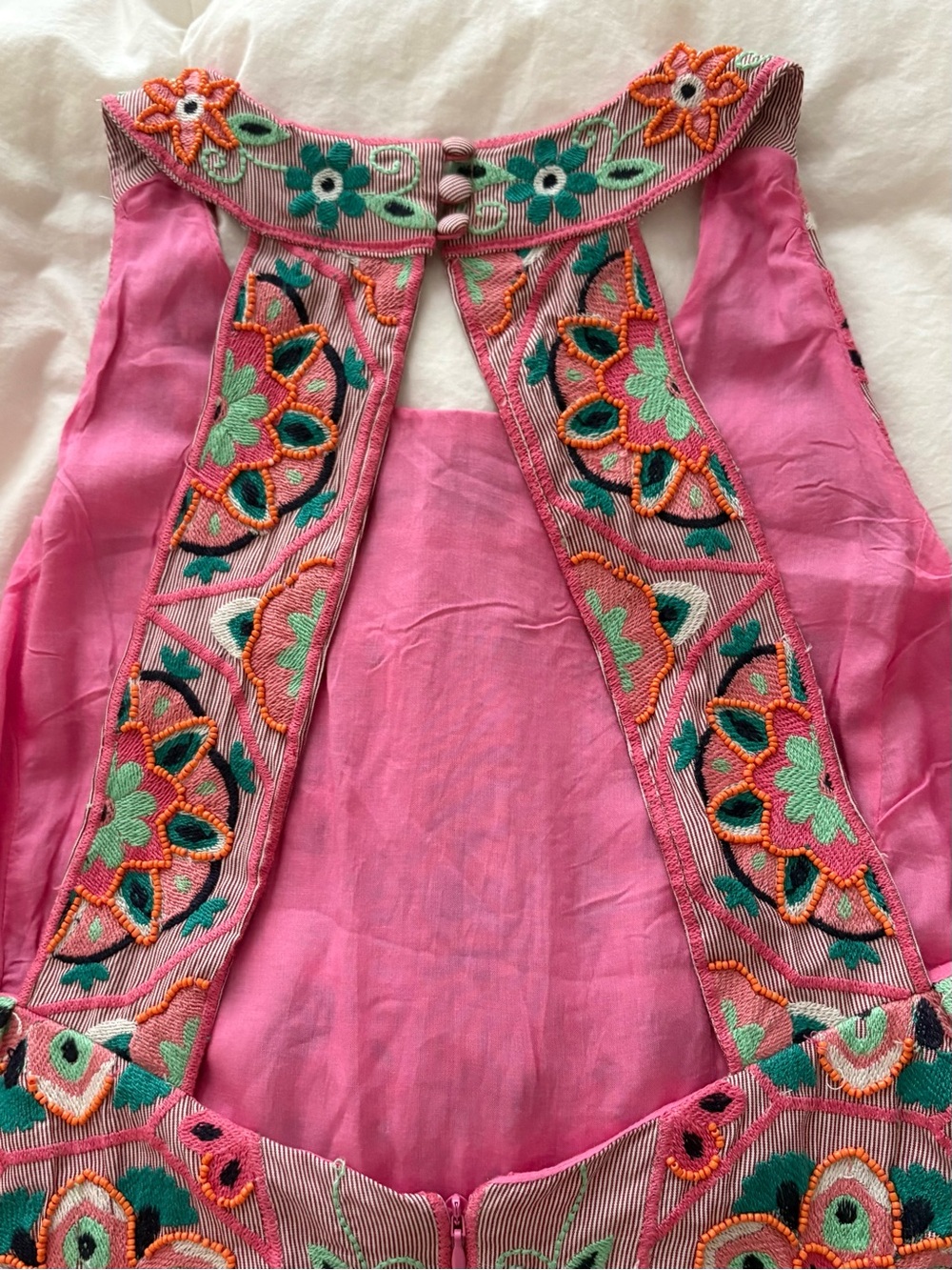 Anthropologie Pink Embroidered Open-Back Halter Dress with Teal Accents - Picture 6 of 8